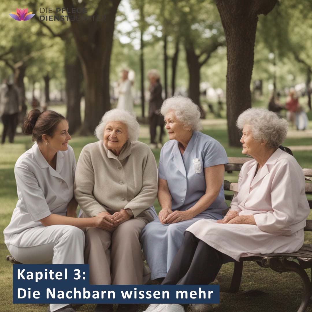 Ältere-Damen-die-mit-einer-Pflegerin-auf-einer-Parkbank-im-Park-sitzen