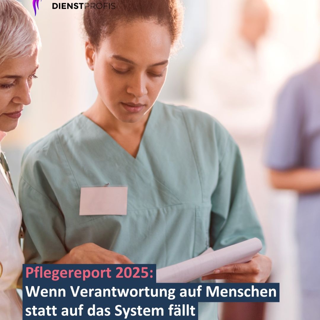 Das Bild zeigt eine Pflegekraft, die einen Pflegereport liest. Symbolisch für: Pflegereport 2025: Wenn Zahlen Menschen belasten